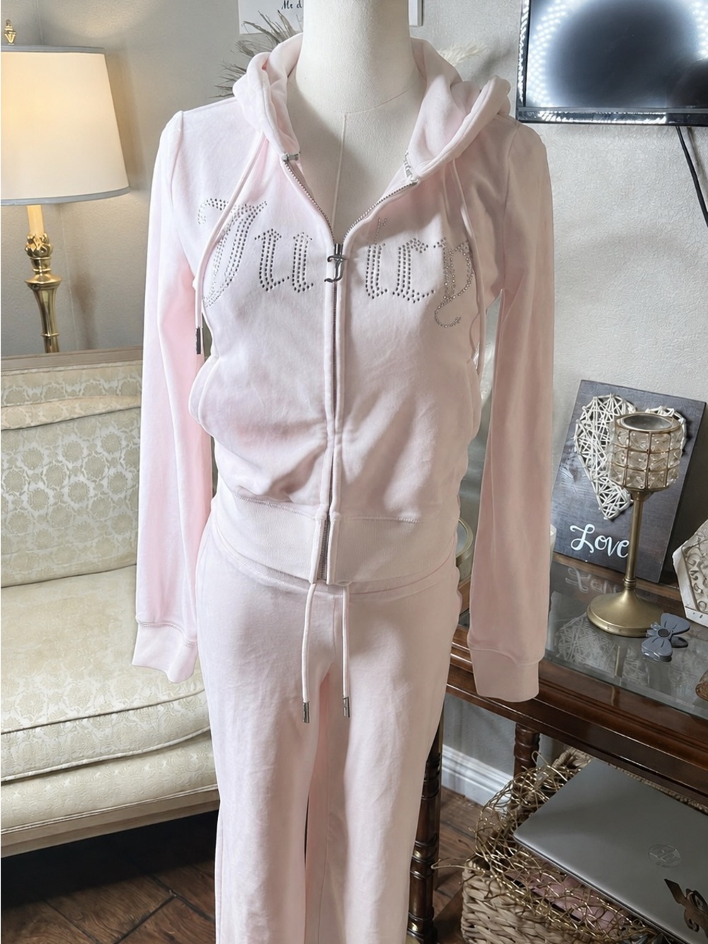 💖 Juicy Couture Baby Pink Bling Velour Tracksuit XS  McBling Y2K Soft girl